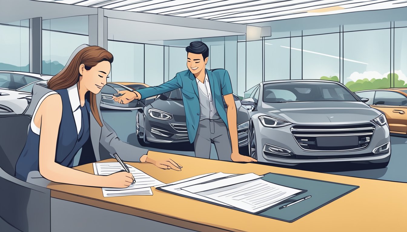 A customer signing paperwork at a car dealership, with a salesperson pointing to the loan agreement. The customer looks satisfied as they finalize their car purchase with in-house financing in Singapore