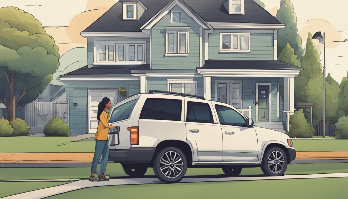 A car parked in front of a house with a "Frequently Asked Questions" banner and a loan officer assisting a customer