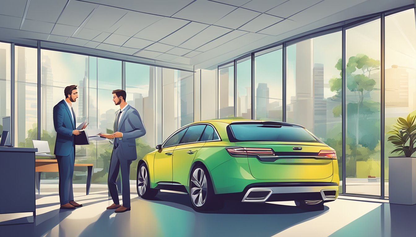 A car loan advisor explaining options to a customer in a modern office setting