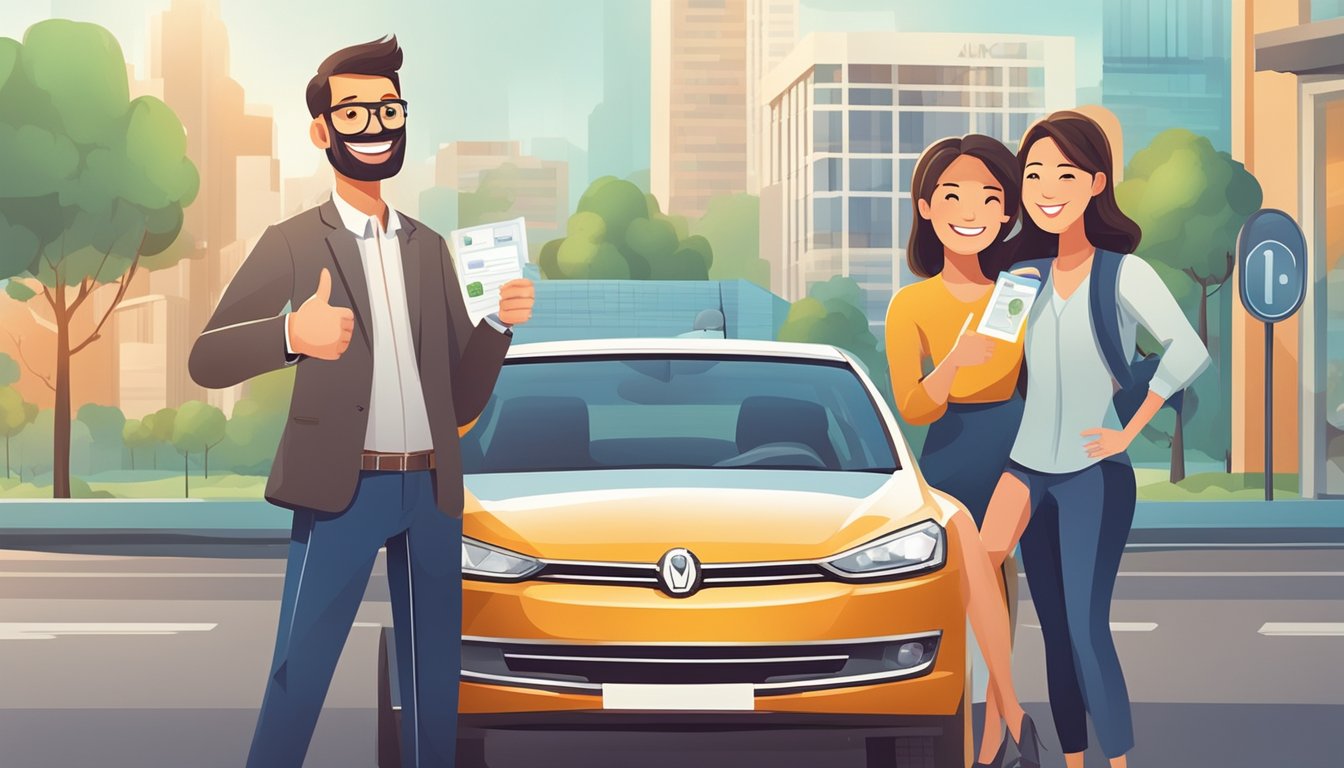 A smiling couple receives a thumbs-up from a bank representative next to a shiny new car, with a "Loan Approved" stamp on the paperwork