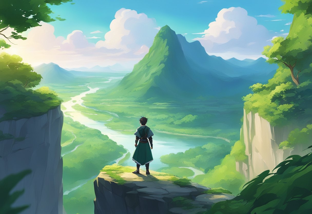 A vibrant landscape with lush greenery and flowing rivers, a character standing at the edge of a cliff overlooking the vast world of Genshin Impact