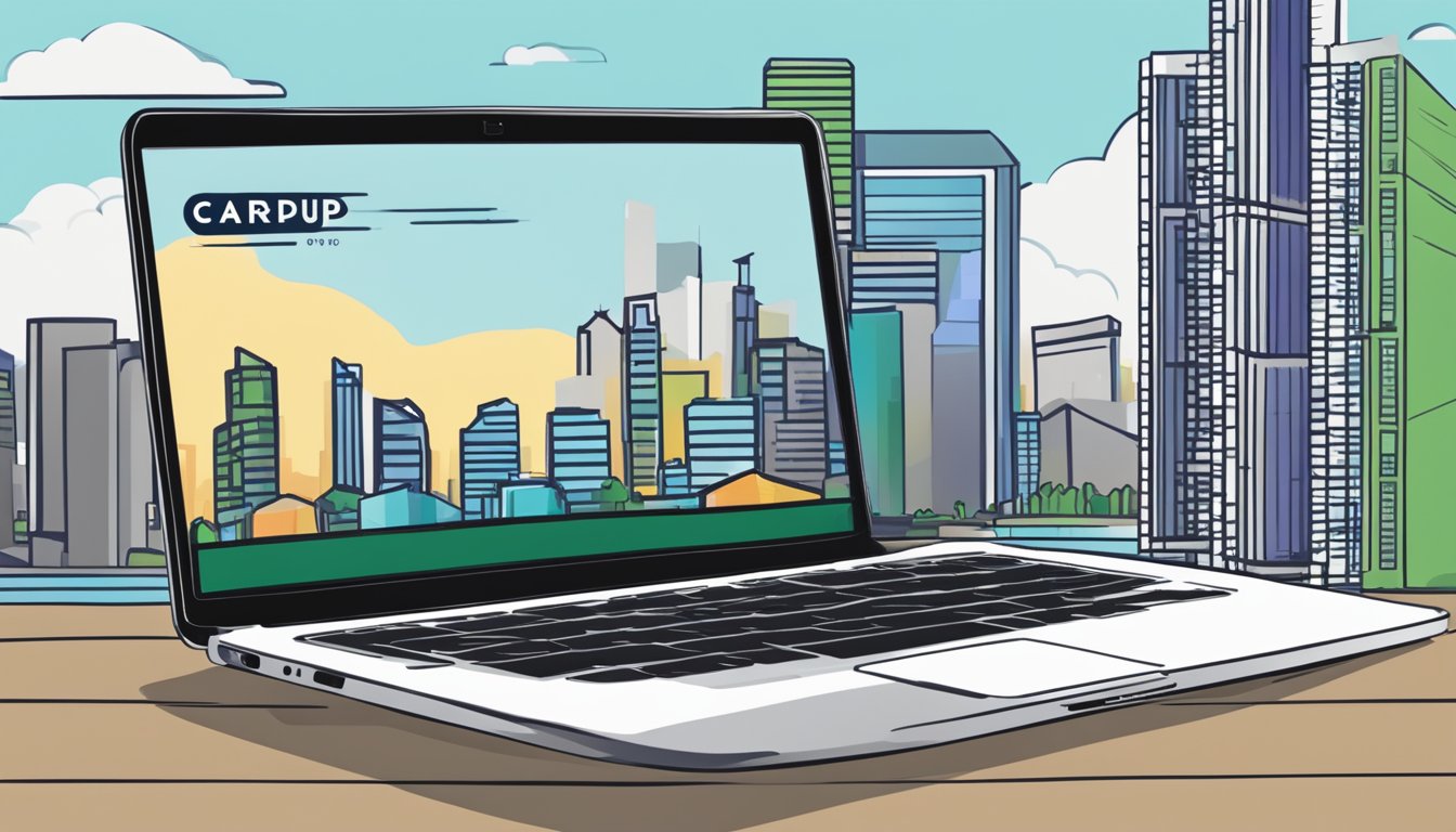 A laptop displaying the CardUp website with a Singaporean skyline in the background