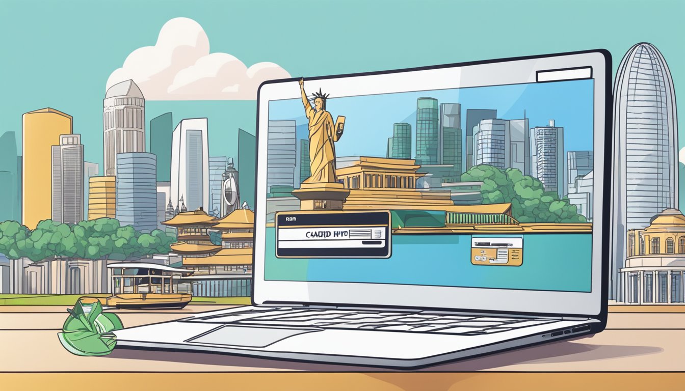 A laptop displaying the CardUp website with a credit card and bill on a desk, surrounded by Singaporean landmarks and currency