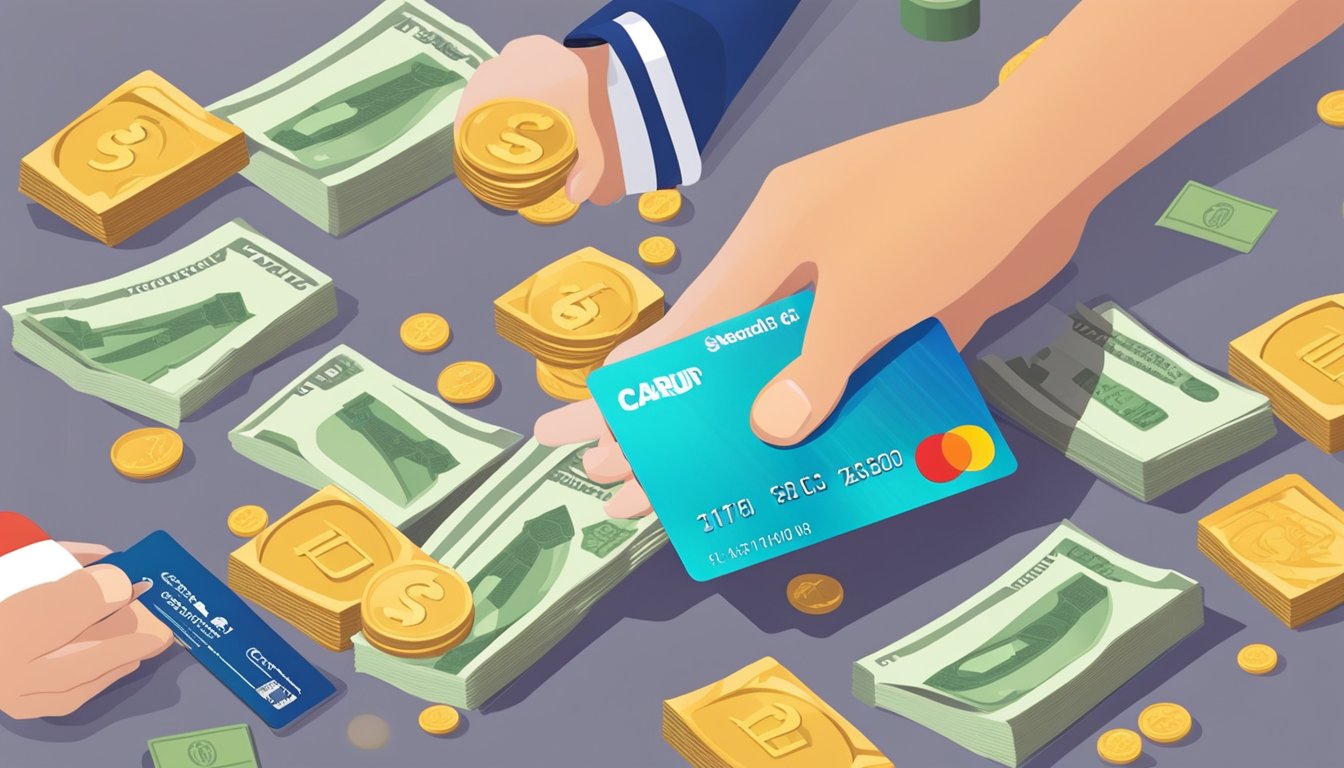 A hand holds a credit card above a pile of cash and rewards, with a CardUp logo in the background