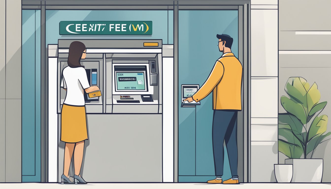 A person swiping a credit card at a bank ATM to withdraw cash, with a fee sign displayed prominently
