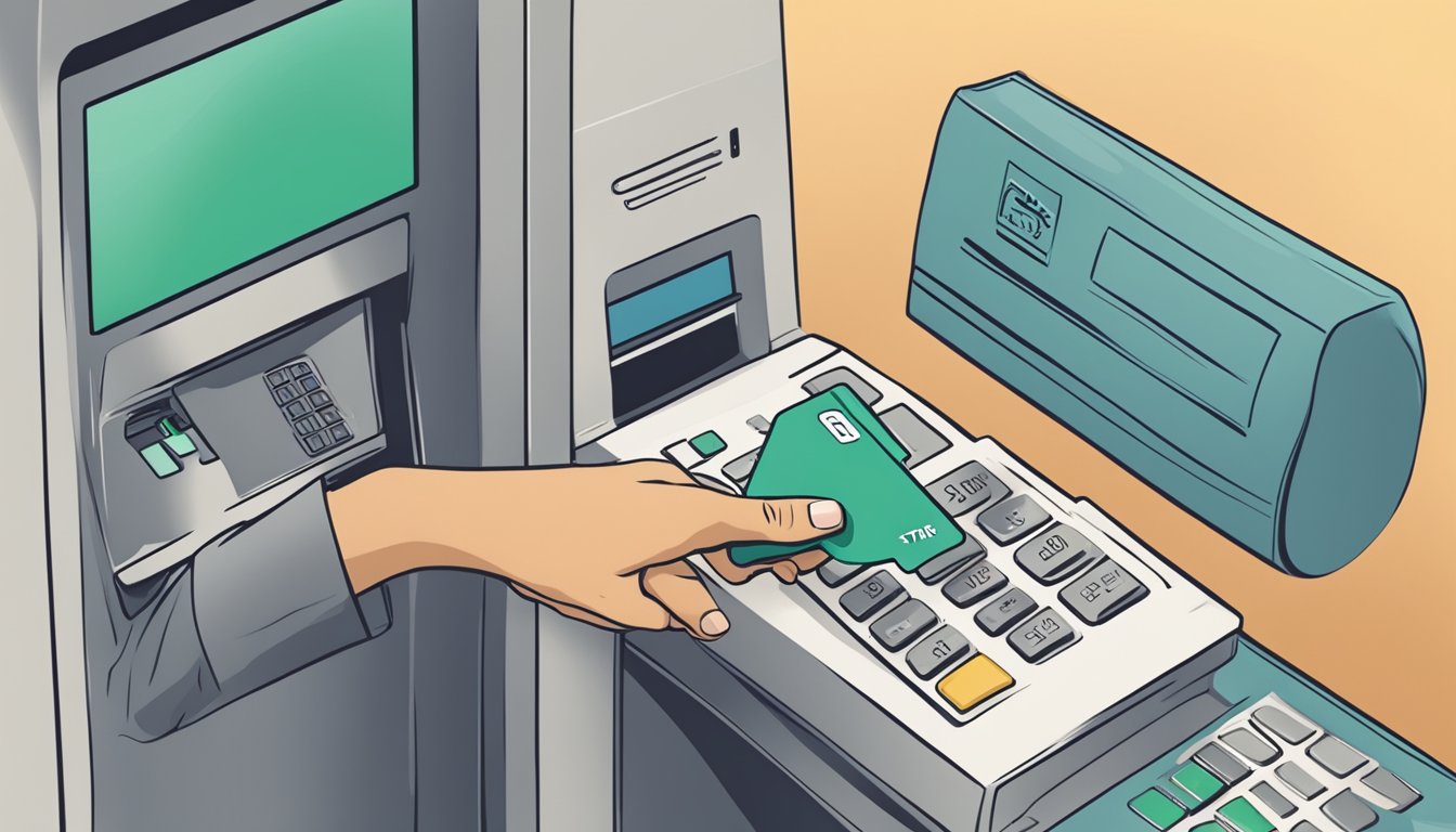 A hand swiping a credit card at an ATM, with a dollar sign symbolizing the cash advance fee hovering above the machine