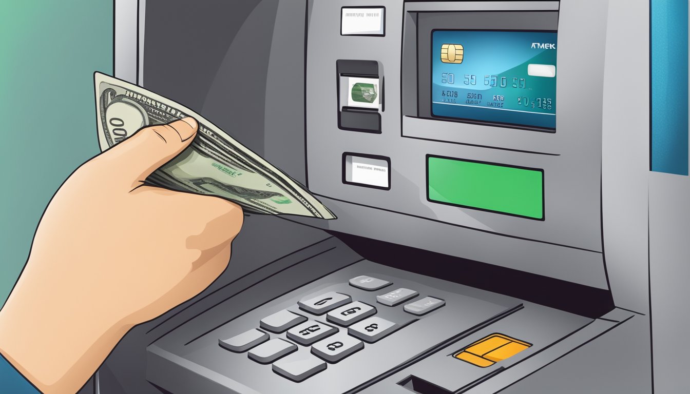 A person swiping a credit card at a bank ATM, with a cash advance fee displayed on the screen