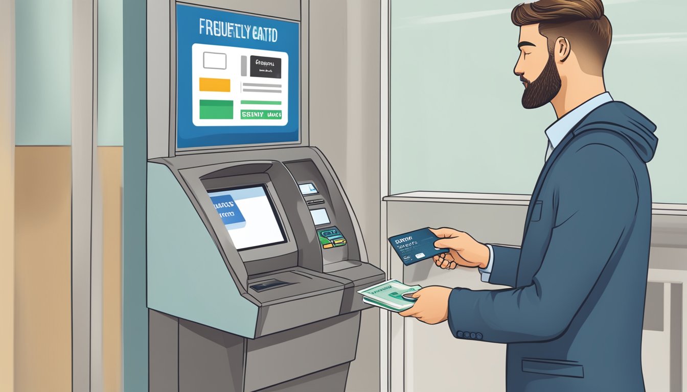 A customer swiping a credit card at a bank ATM, with a "Frequently Asked Questions" display on the screen, and a small fee notice next to the machine