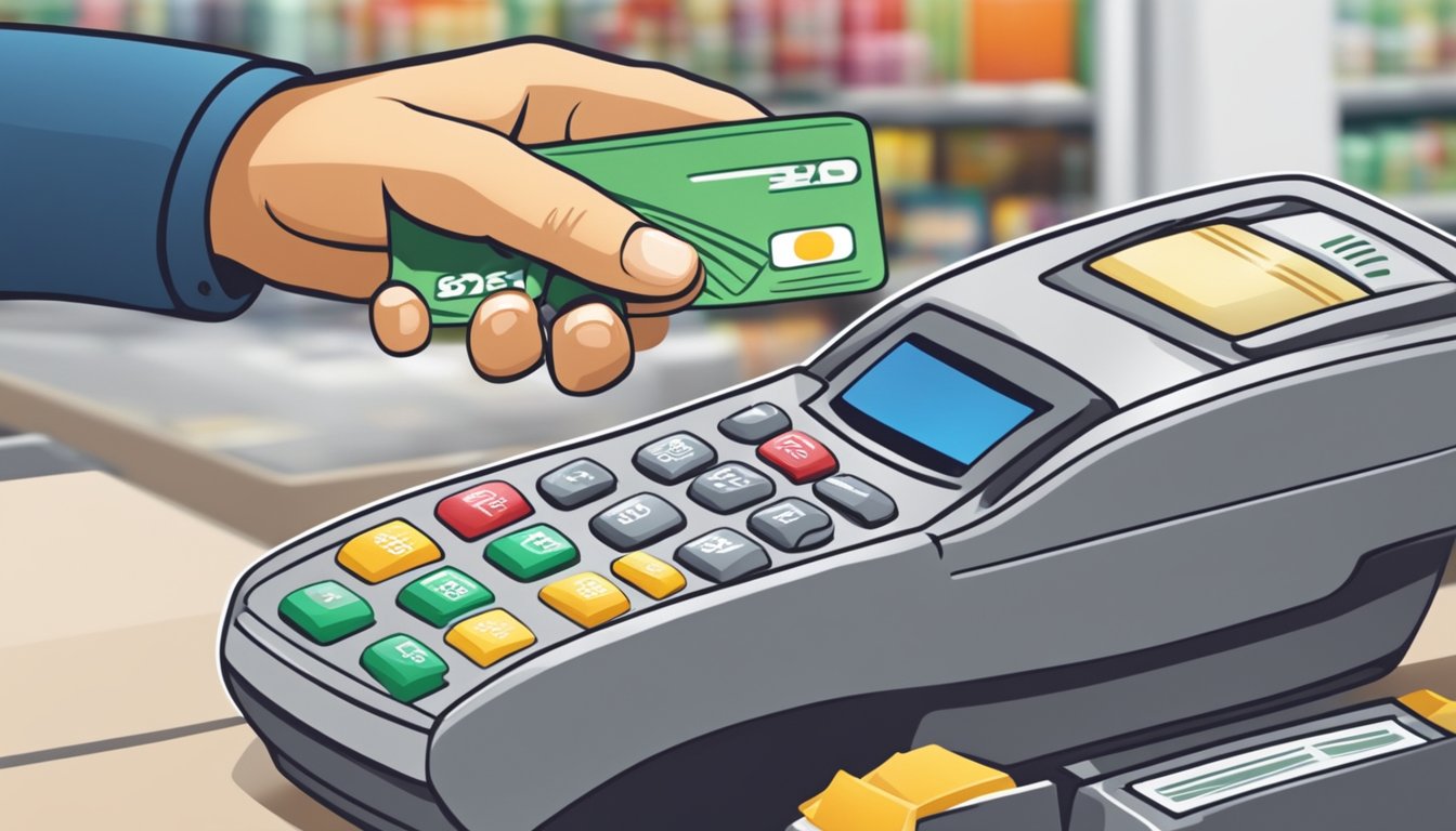 A hand swipes a cash back credit card at a Singaporean store terminal