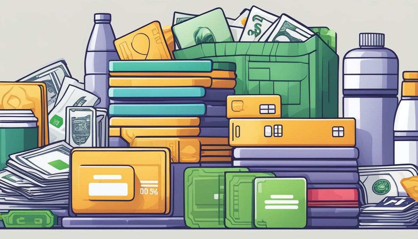 A stack of daily essentials, including groceries, gas, and bills, surrounded by cash back credit cards with prominent logos