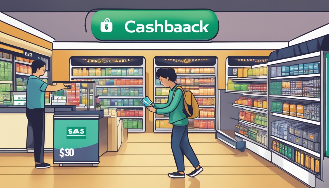 A person swiping a cashback credit card at a Singaporean store, with a prominent "cashback rewards" logo displayed