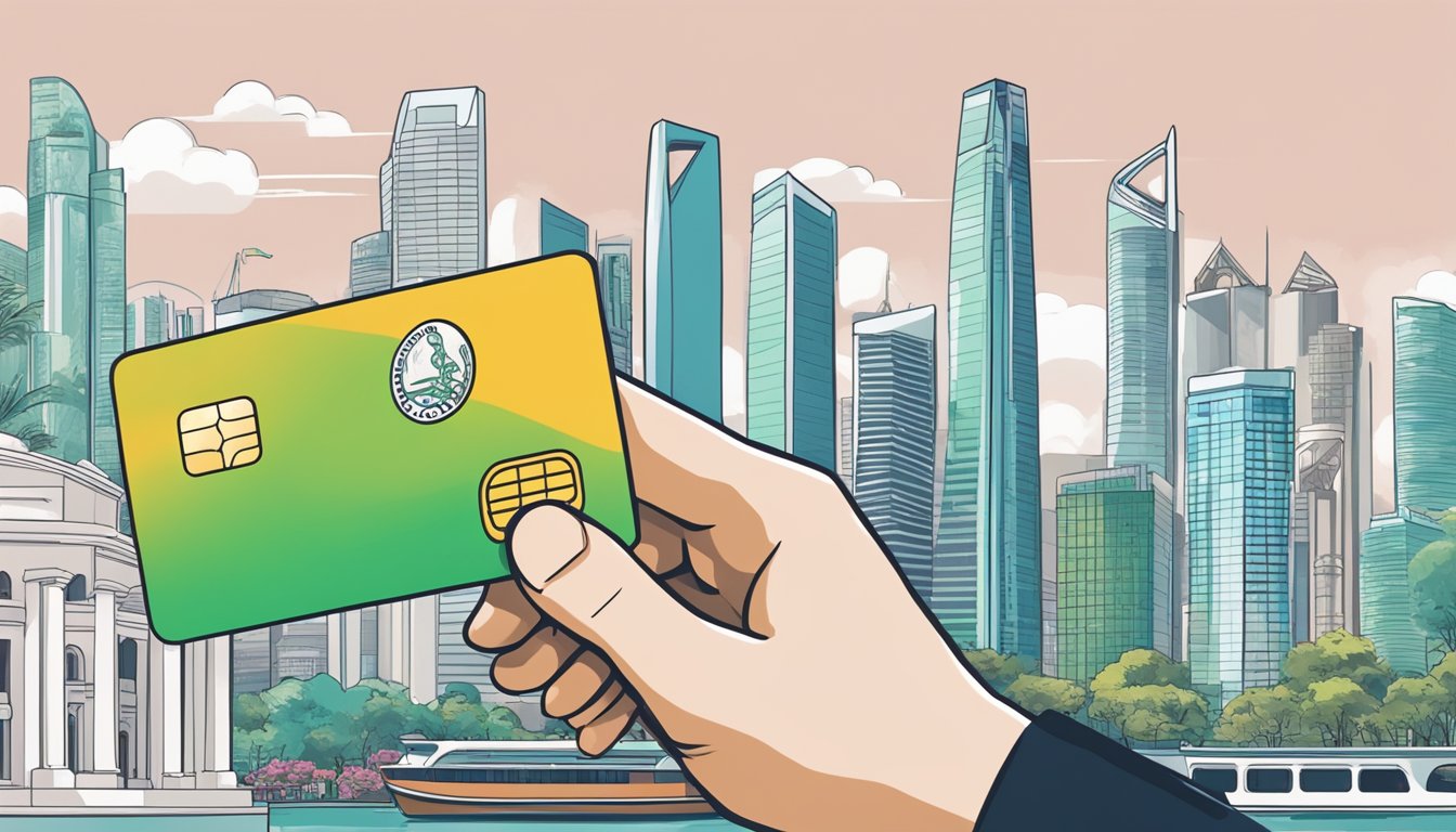 A hand reaches for a credit card with "Cash Back" written on it, against a backdrop of iconic Singapore landmarks