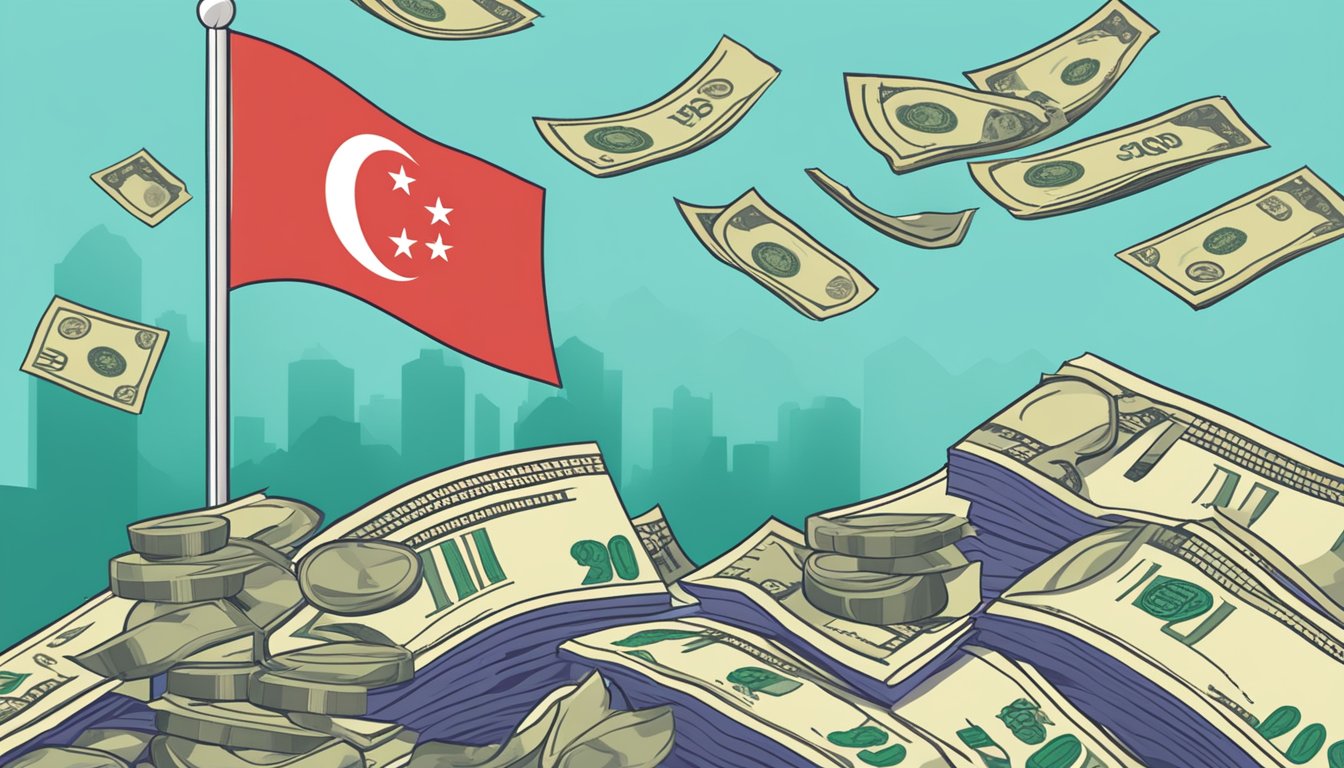 A Singaporean flag waving in the breeze, with a stack of cash and a line graph representing interest rates in the background