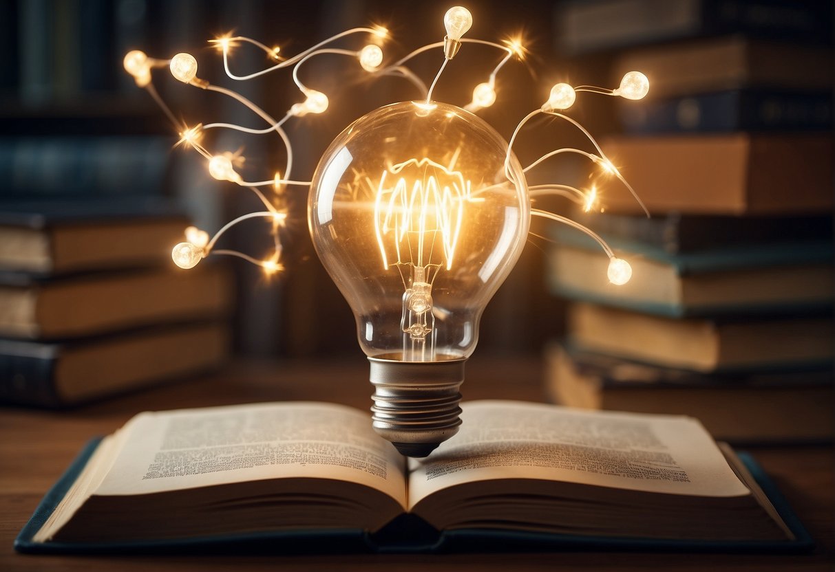 A light bulb illuminates above a book, surrounded by question marks and arrows, symbolizing critical thinking in writing