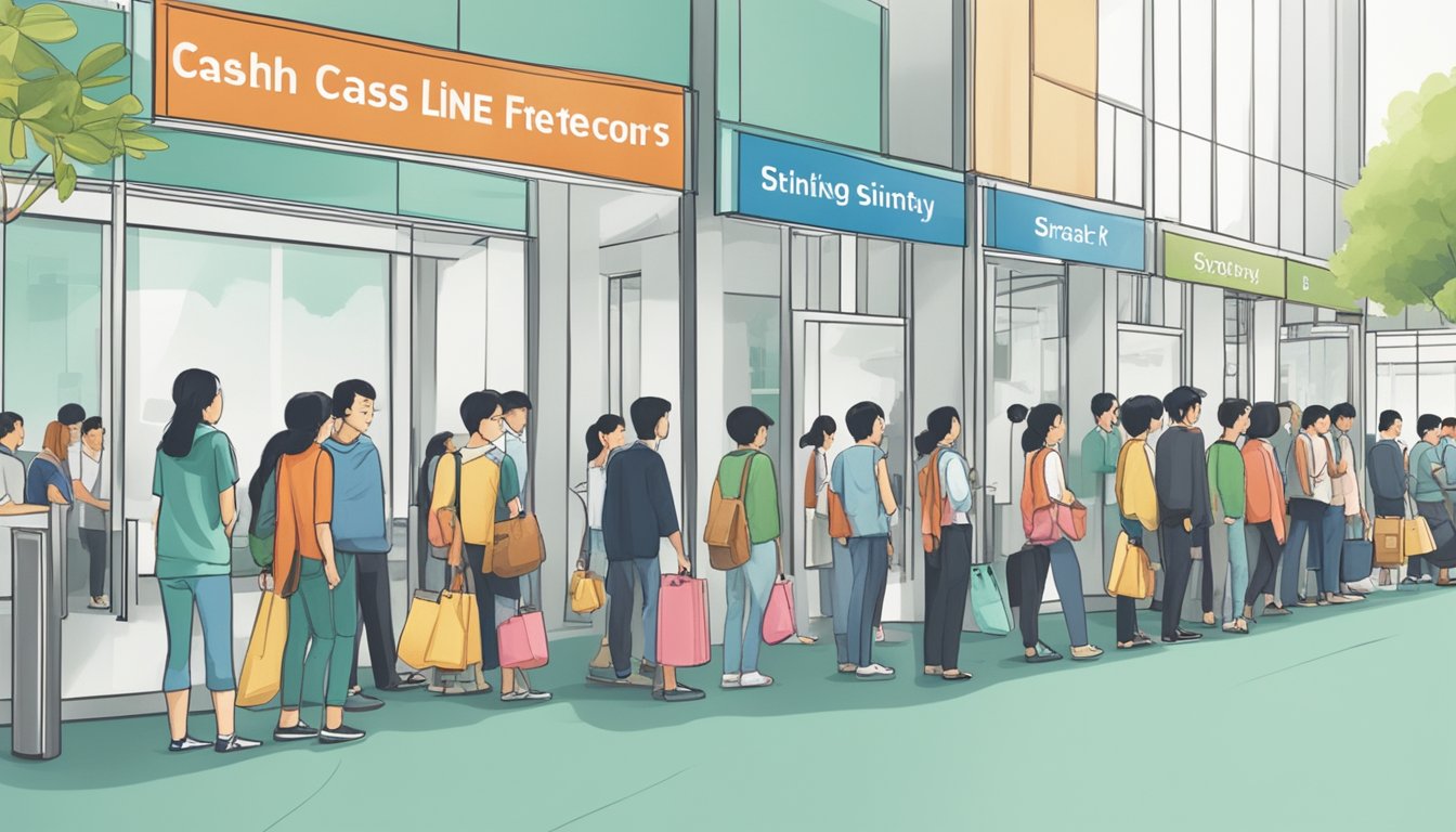 A line of people waiting at a bank, with signs displaying "Eligibility and Application Process" and "Cash Line Interest Rate Singapore."