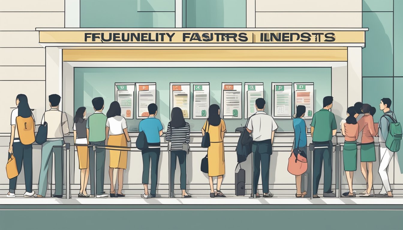 A long line of people waiting at a bank, with a sign displaying "Frequently Asked Questions" and "cash line interest rate" in Singapore