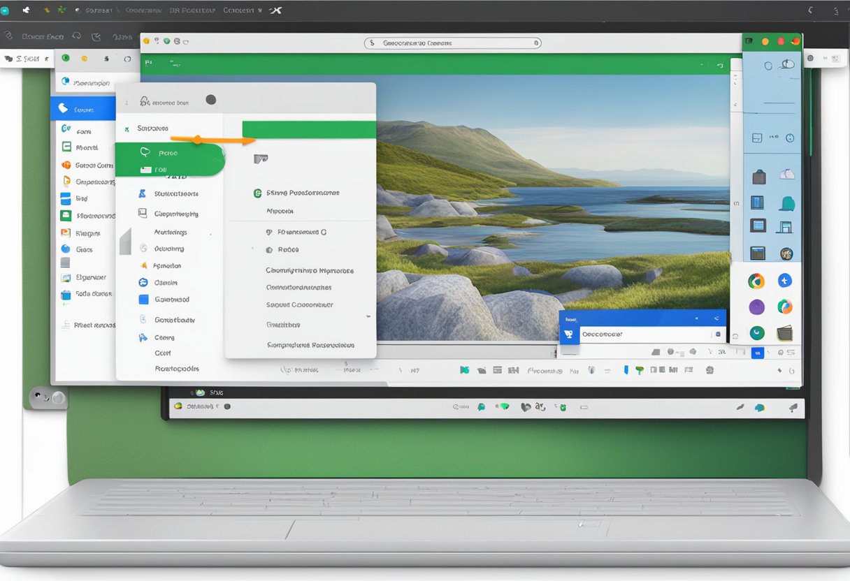 how to record presentation on chromebook A Chromebook screen with a cursor clicking on the settings menu. Another window open with the