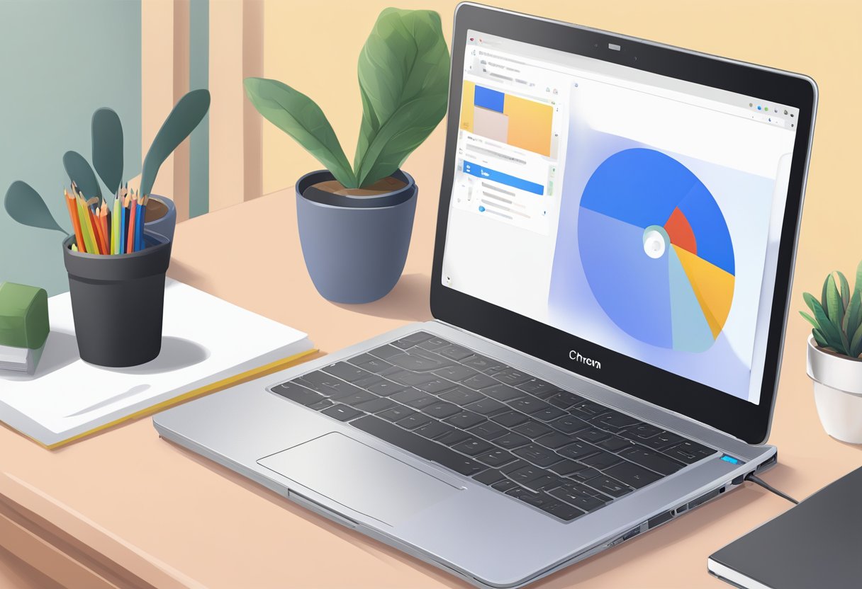 how to record presentation on chromebook A Chromebook open on a desk, with the screen displaying the steps for screen recording. A mouse pointer hovers over the