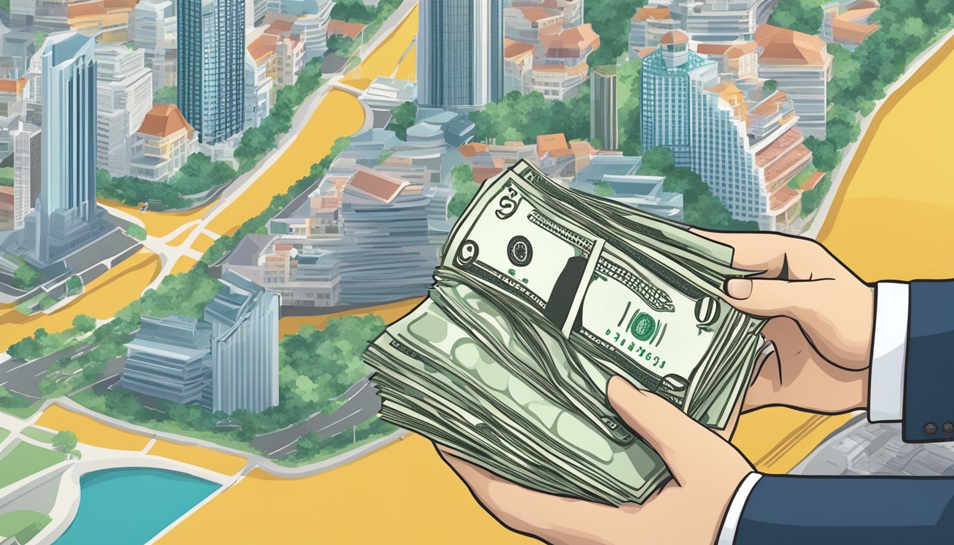 A hand holding cash over a map of Singapore. A bank building in the background
