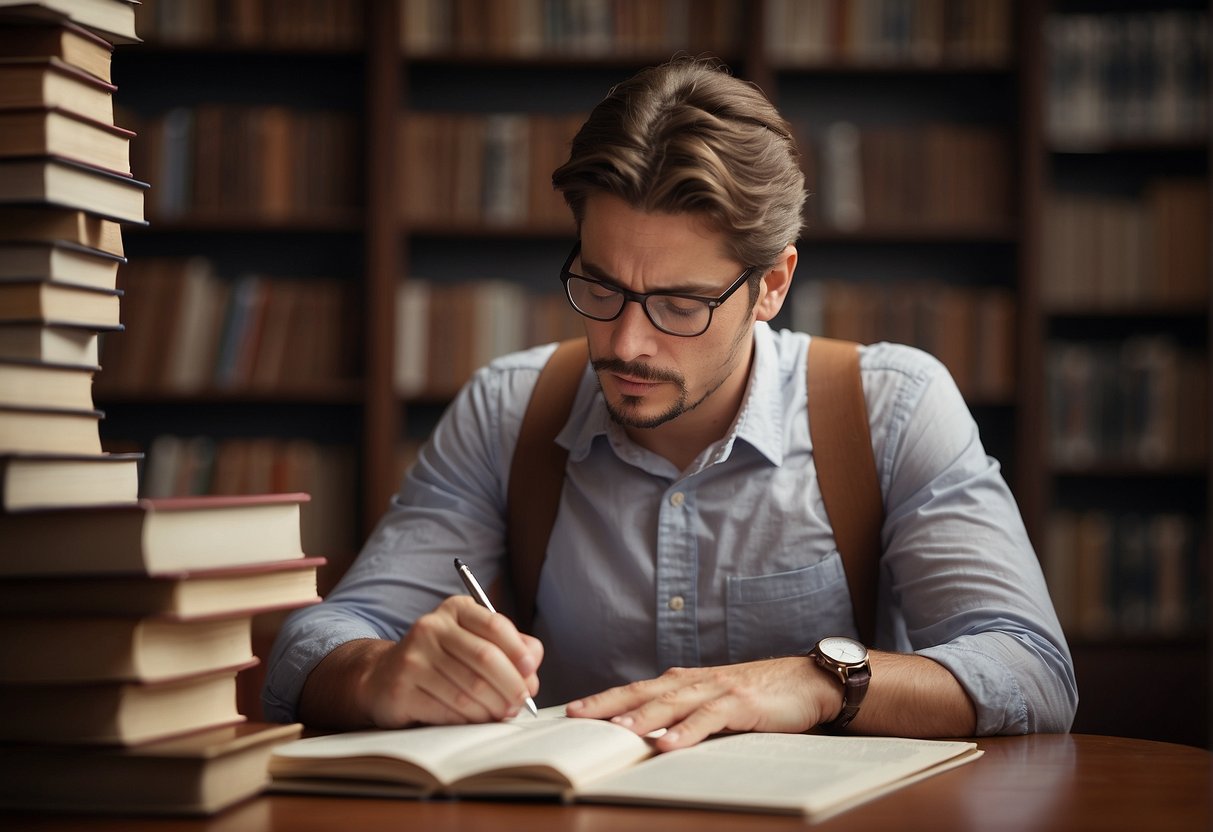 A person pondering with pen and paper, surrounded by books, pondering over how to apply critical thinking to their writing