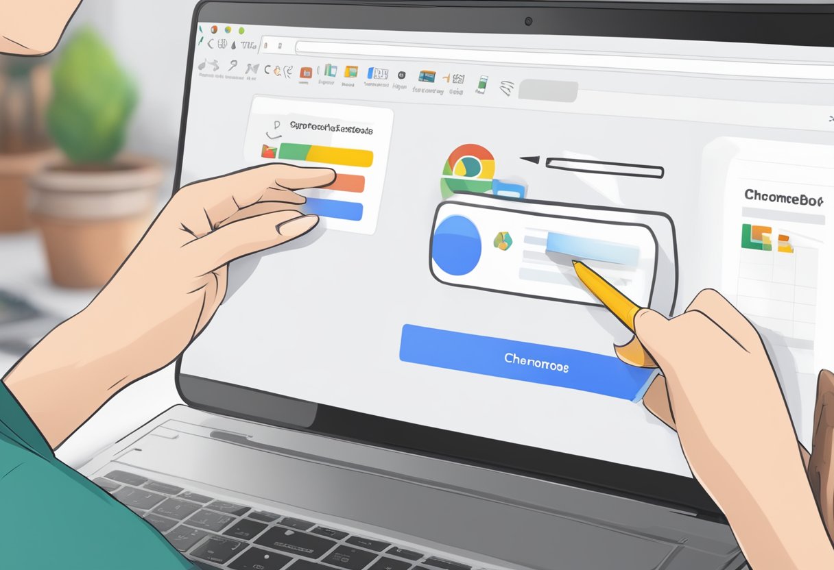 A Chromebook screen displaying step-by-step instructions on how to take a screenshot, with a cursor clicking on the necessary buttons
