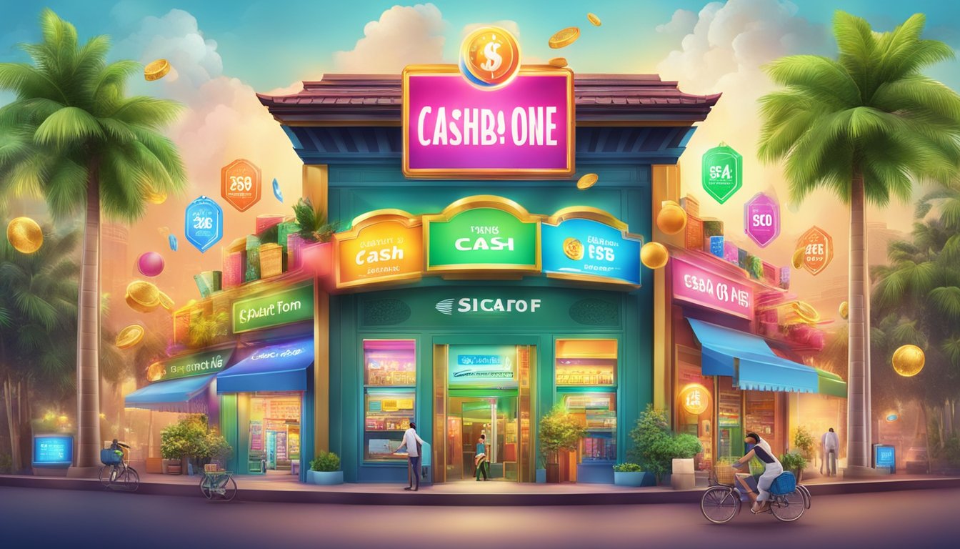 A colorful cashback and promotion sign with the Cash One Singapore logo, surrounded by various enticing offers and benefits