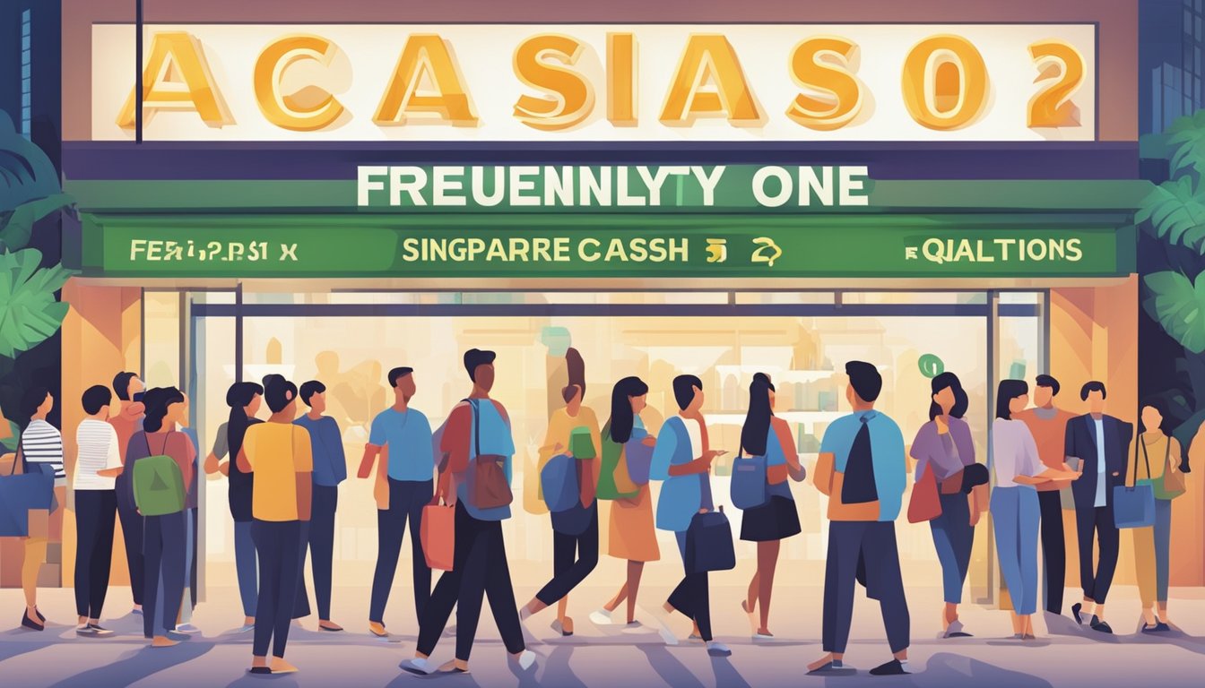 A brightly lit sign with "Frequently Asked Questions" and "Cash One Singapore" displayed in bold letters, surrounded by a queue of people