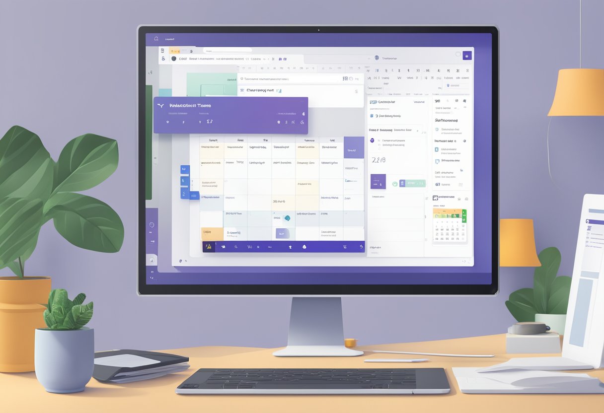 A computer screen displays the Microsoft Teams interface with a calendar open. A cursor hovers over the "New Meeting" button, ready to send an invite