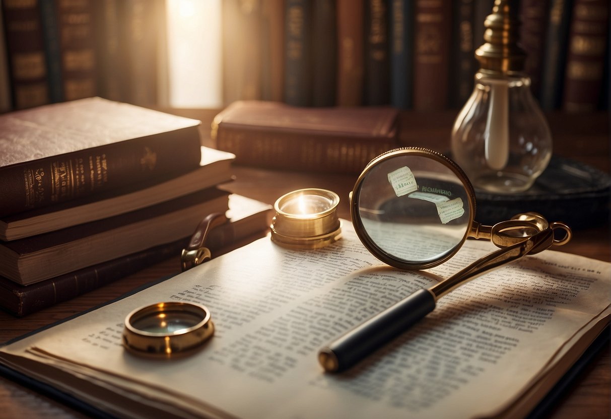 A table with four distinct elements: a magnifying glass, a question mark, a lightbulb, and a book