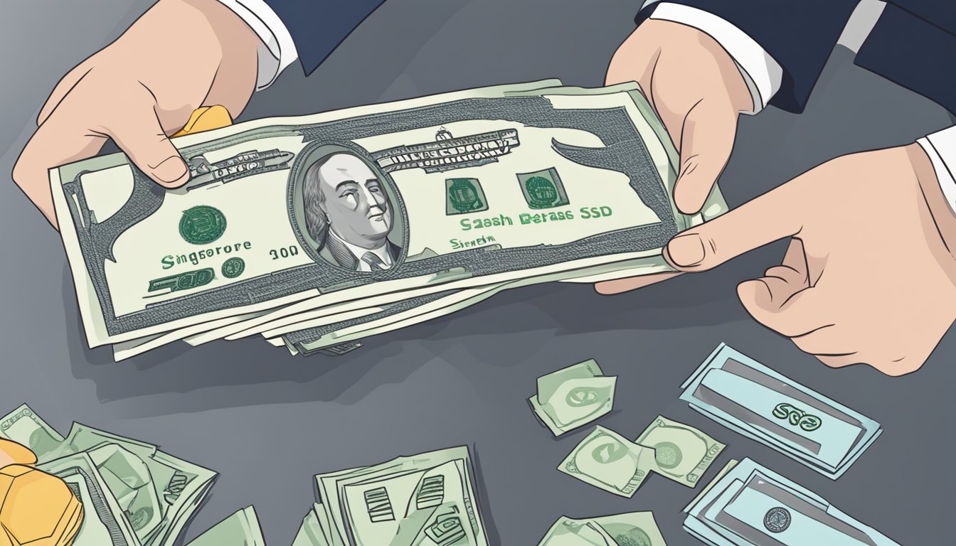 A person receiving cash from a business after making a purchase, with "cash rebate" and "Singapore" written prominently in the background