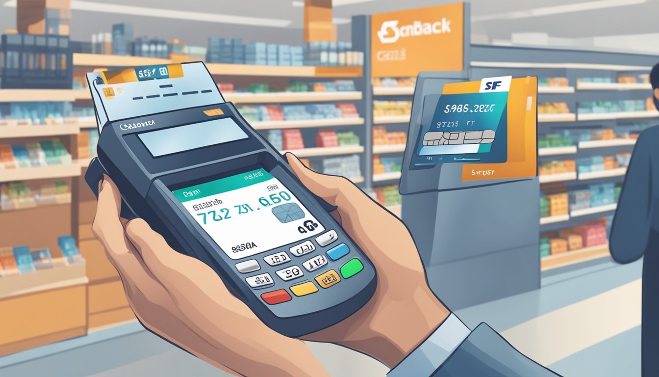 A person swiping a cashback credit card at a Singaporean store, with a visible cashback percentage displayed on the card