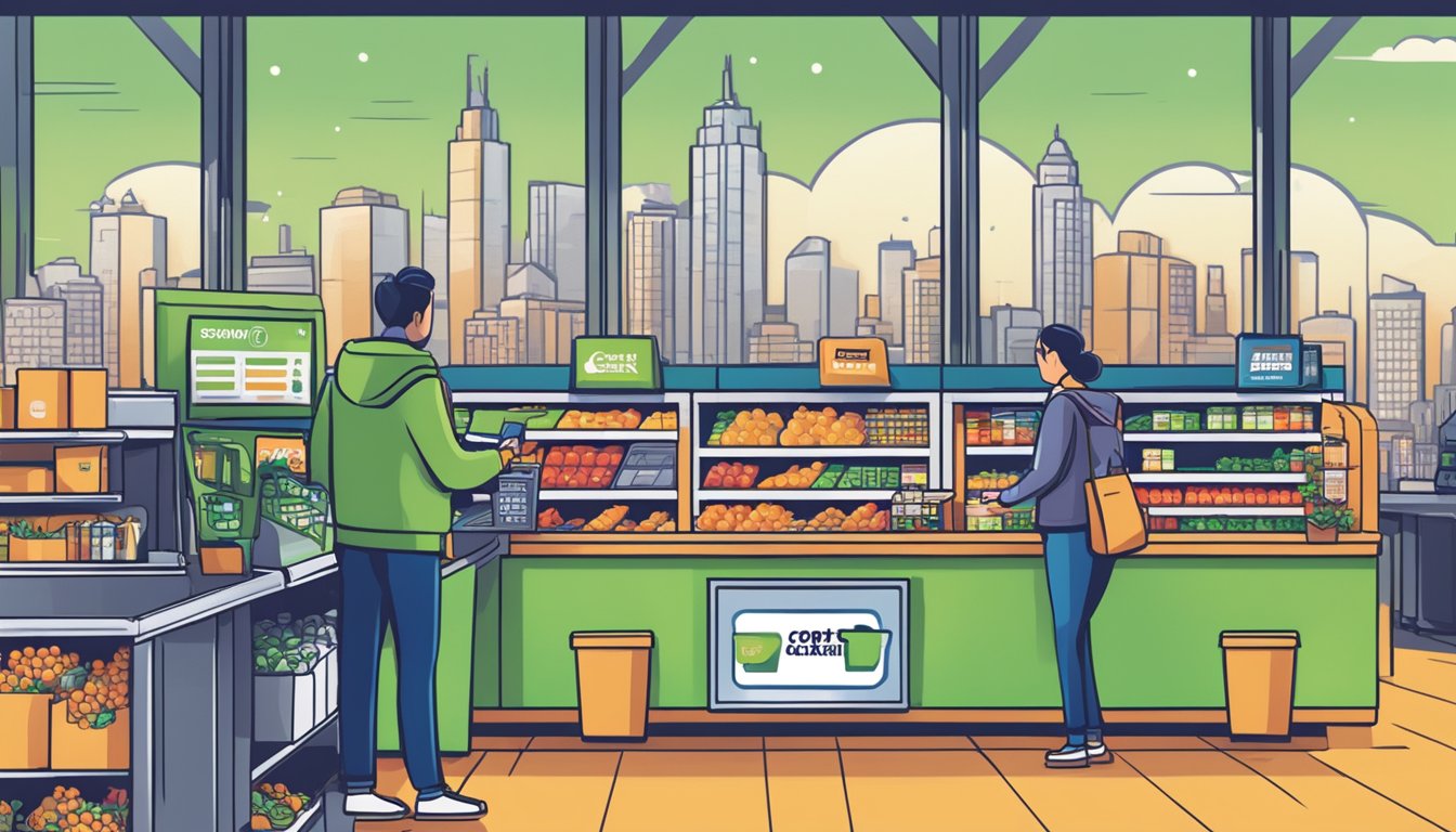 A person swiping a cashback credit card at a grocery store checkout counter. The card features a bold "Top Cashback" logo, with a city skyline in the background