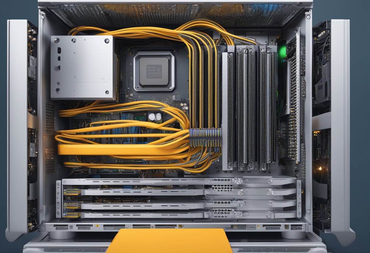 A computer with a powerful GPU is connected to a deep learning system. Cables are neatly arranged, and the GPU is securely installed in the computer's hardware