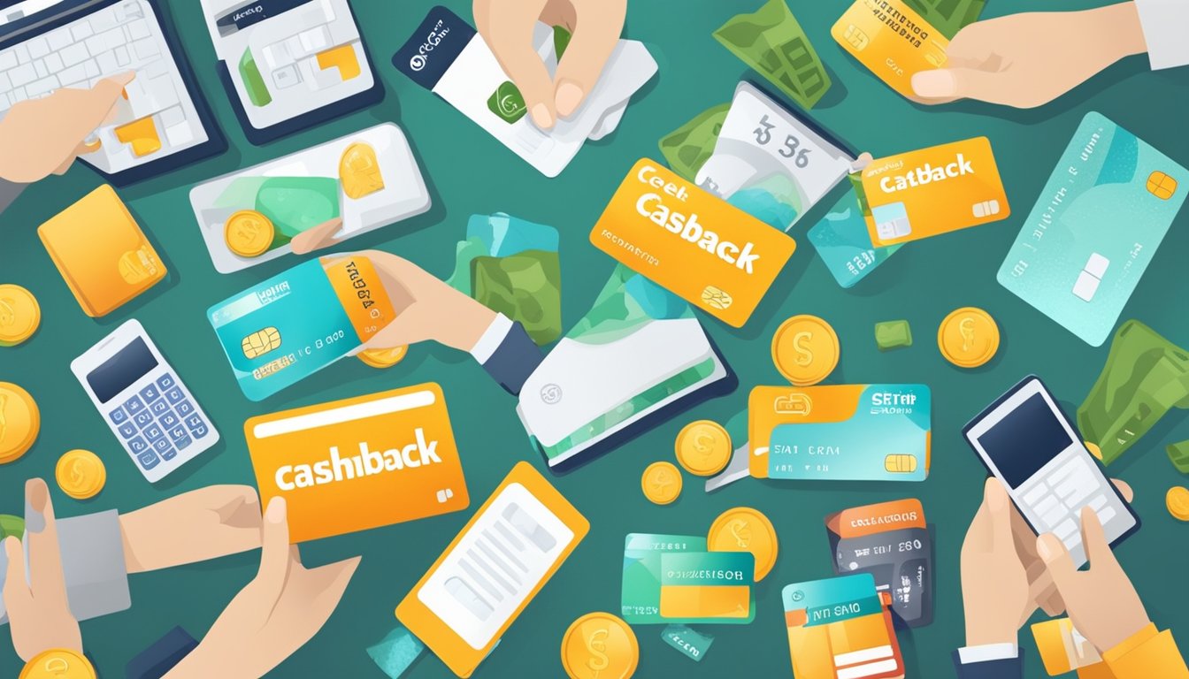 A hand holds a credit card with "Cashback" written on it, surrounded by various offers and promotions in Singapore