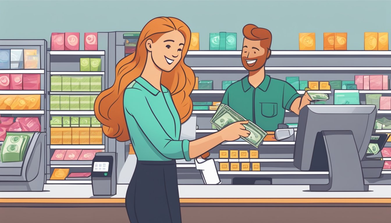 A person swiping a cashback everyday card at a store checkout, with a smiling cashier handing over money