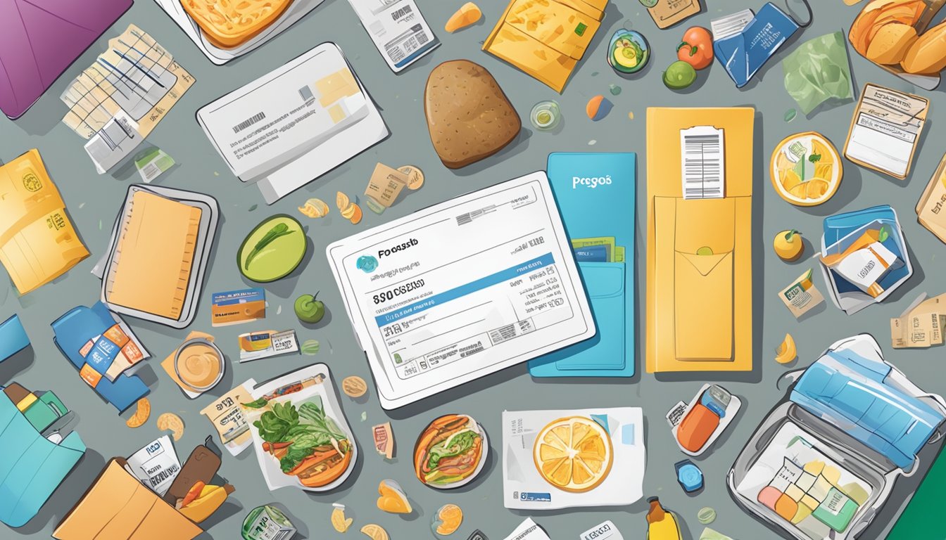 A colorful card with "POSB Everyday Card" prominently displayed, surrounded by various everyday items such as groceries, dining receipts, and transportation tickets