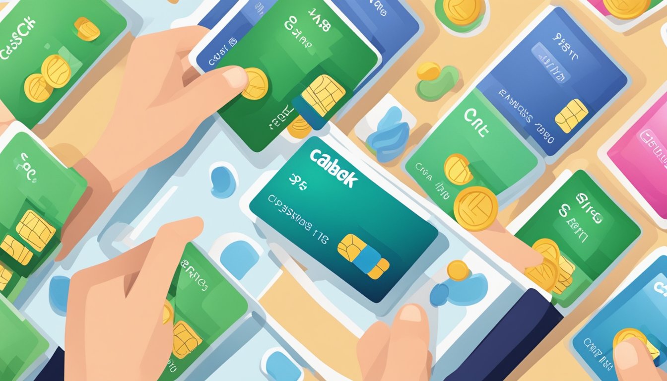 A hand swipes a cashback card at various stores, earning rewards