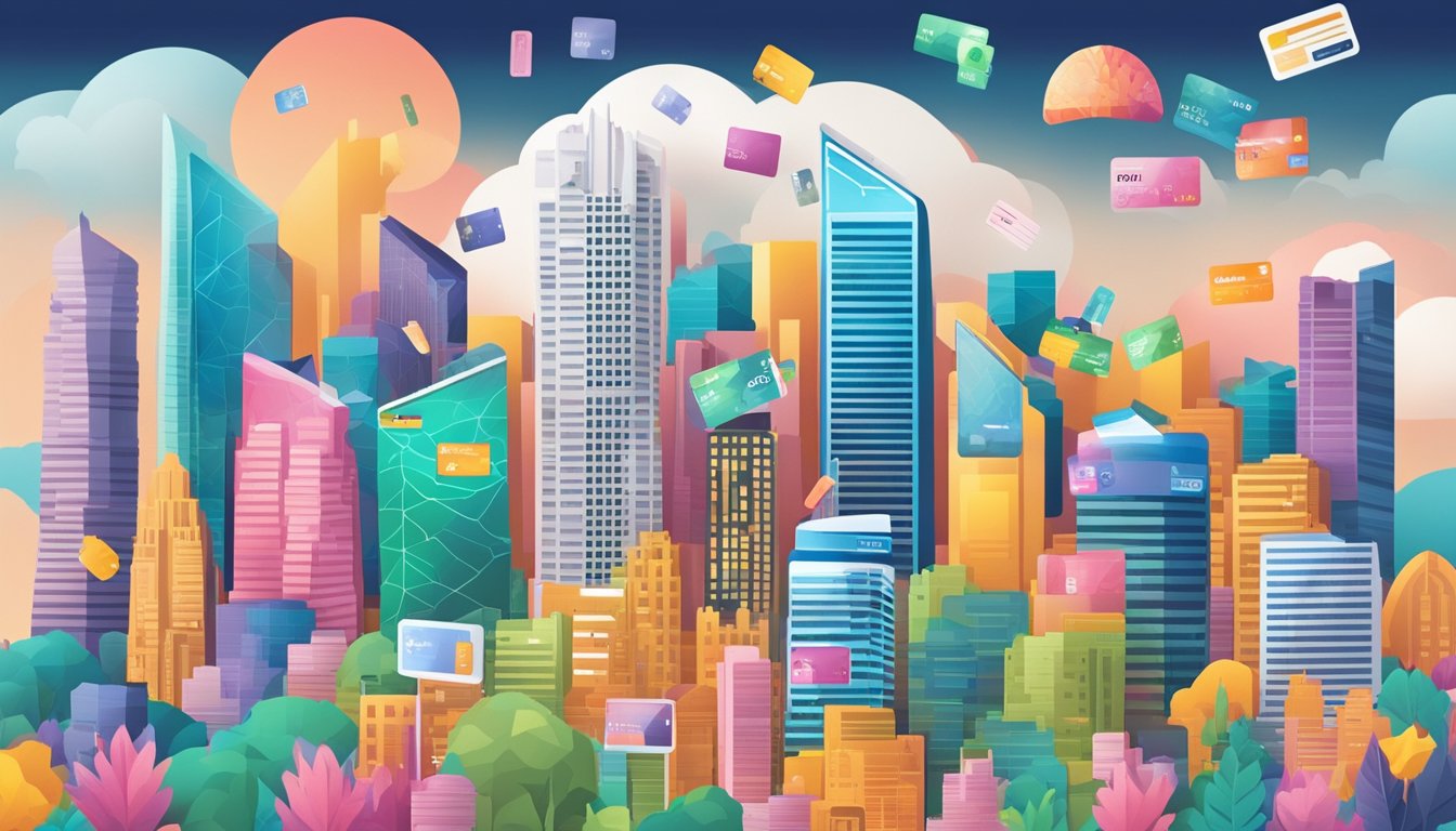 A vibrant cityscape of Singapore with iconic landmarks and a variety of credit cards floating in the air, each labeled with different cashback percentages