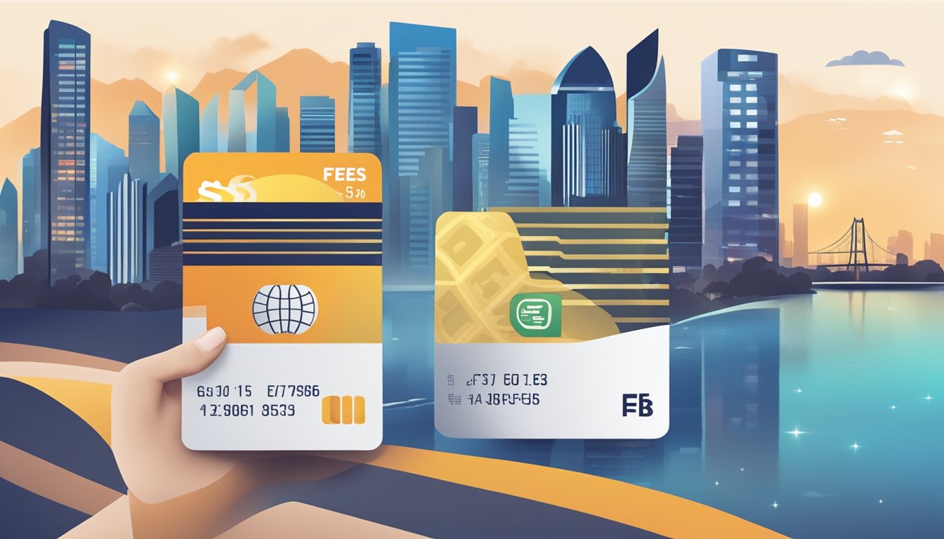 A credit card surrounded by various fees and charges, with a cashback symbol and the Singapore skyline in the background