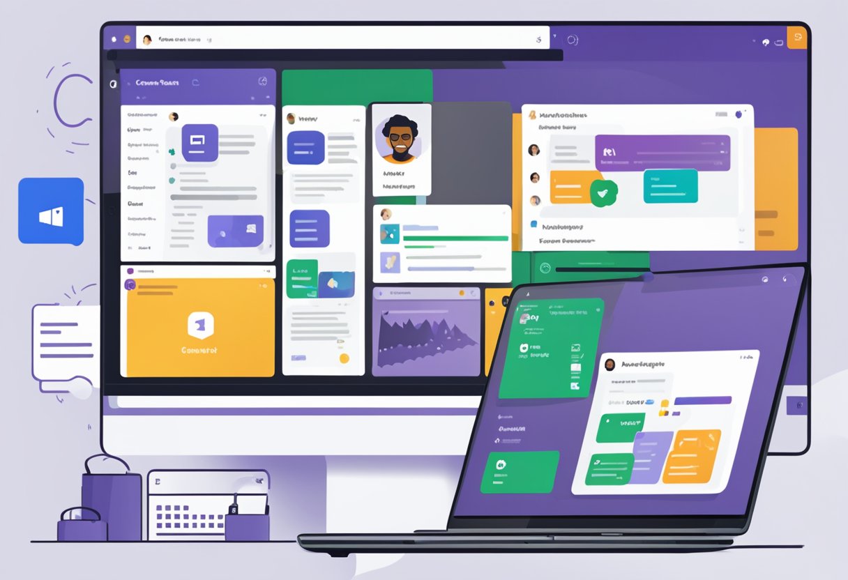 A computer screen displaying the Microsoft Teams interface, with various tabs open for chat, calls, and meetings. A team logo is visible in the corner, and the platform is set up for collaboration
