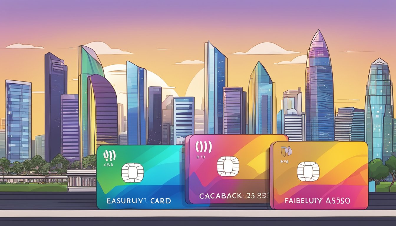 A stack of credit cards with "Frequently Asked Questions" and "cashback everyday" text, set against a backdrop of the Singapore skyline