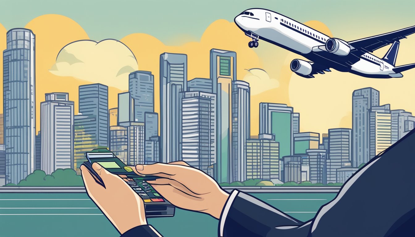 A cashback vs miles scene in Singapore: A hand swiping a credit card at a payment terminal, while a plane flies overhead against a city skyline