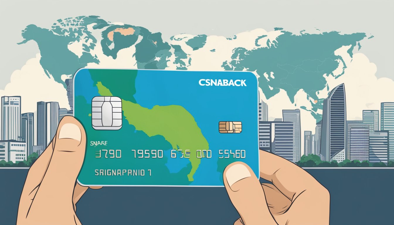 A person holding a credit card with the words "Cashback" and "Miles" on it, with a map of Singapore in the background