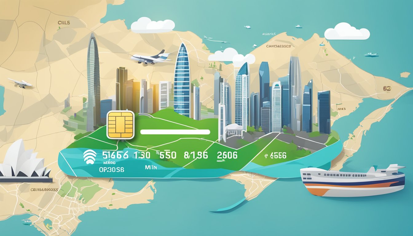 A credit card with cashback and miles logos floating above a map of Singapore, with iconic landmarks in the background
