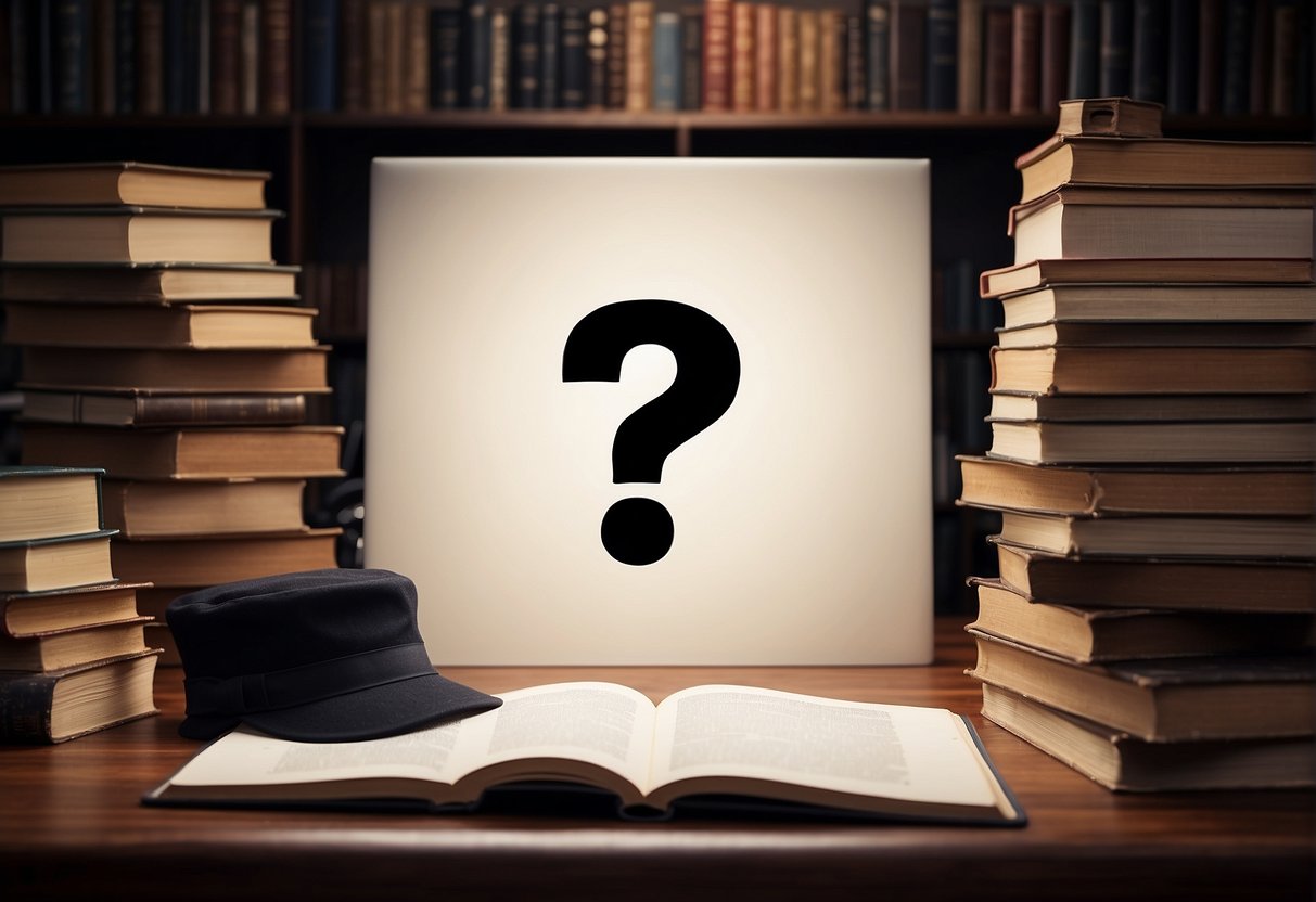 A blank page with a question mark, surrounded by books and a thinking cap