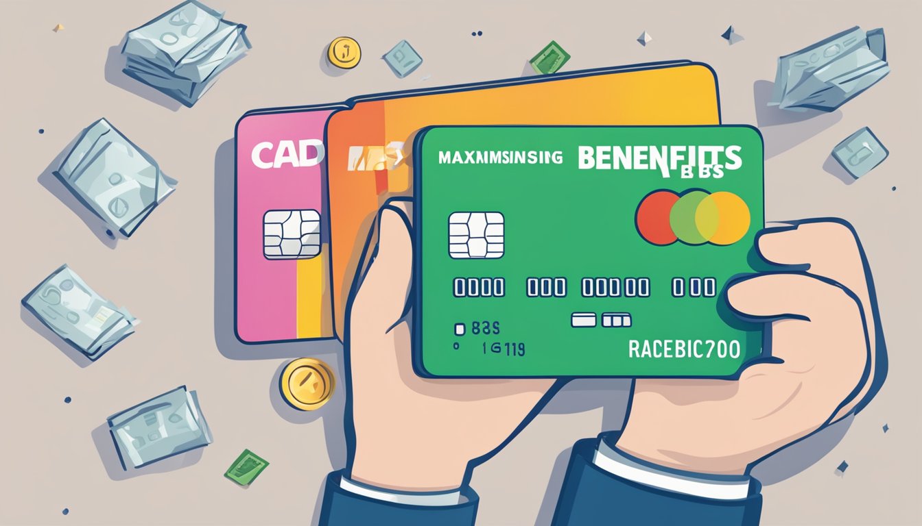 A hand holding a credit card with "Maximising Your Benefits" written on it, with cashback and miles symbols in the background