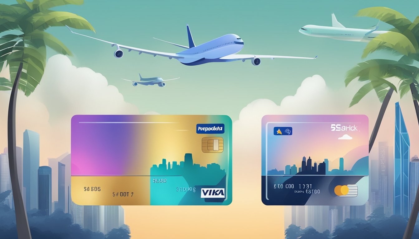 Two credit cards facing off on a Singaporean skyline backdrop, with cash and airplane icons representing cashback and miles rewards