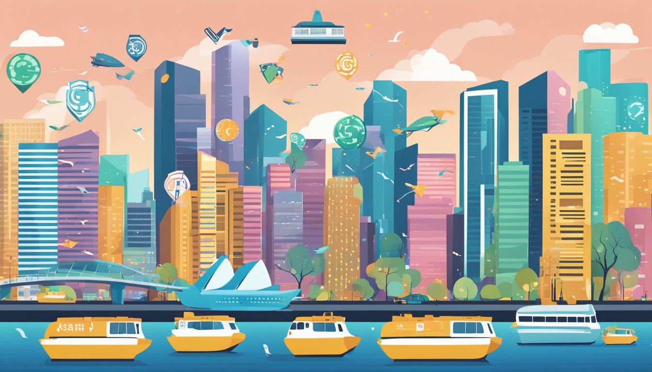 A bustling city skyline with cashback and miles symbols intertwining above, representing the impact of global events on reward strategies in Singapore