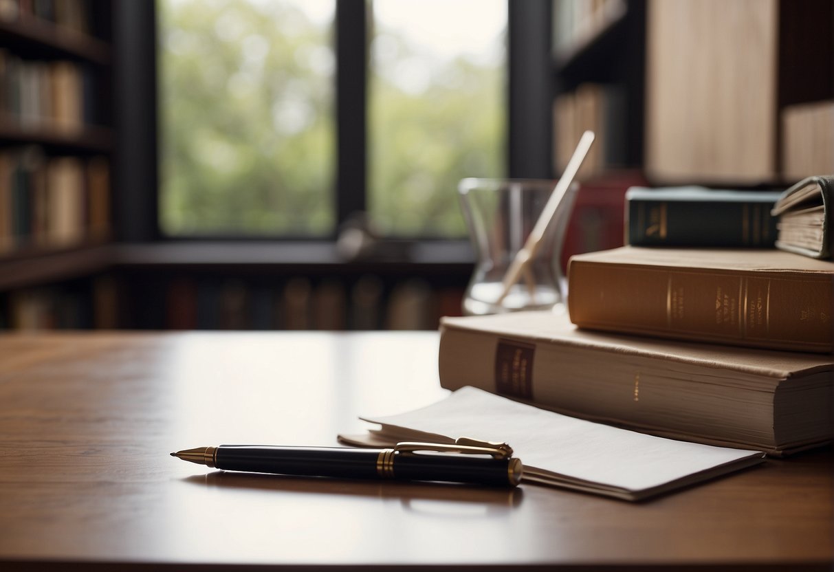 A blank sheet of paper surrounded by books, with a pen lying on top