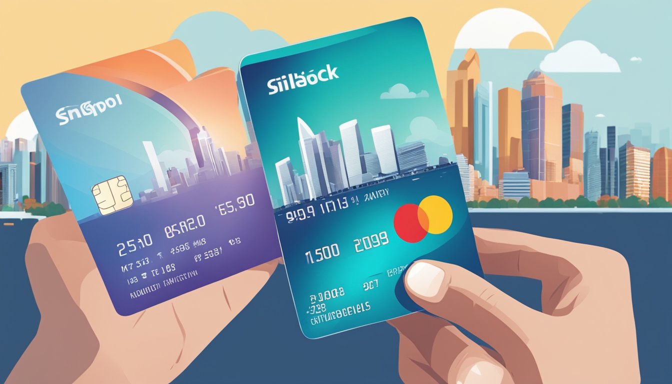 A person holding a cashback card and a person holding a miles card, both standing in front of a Singapore skyline